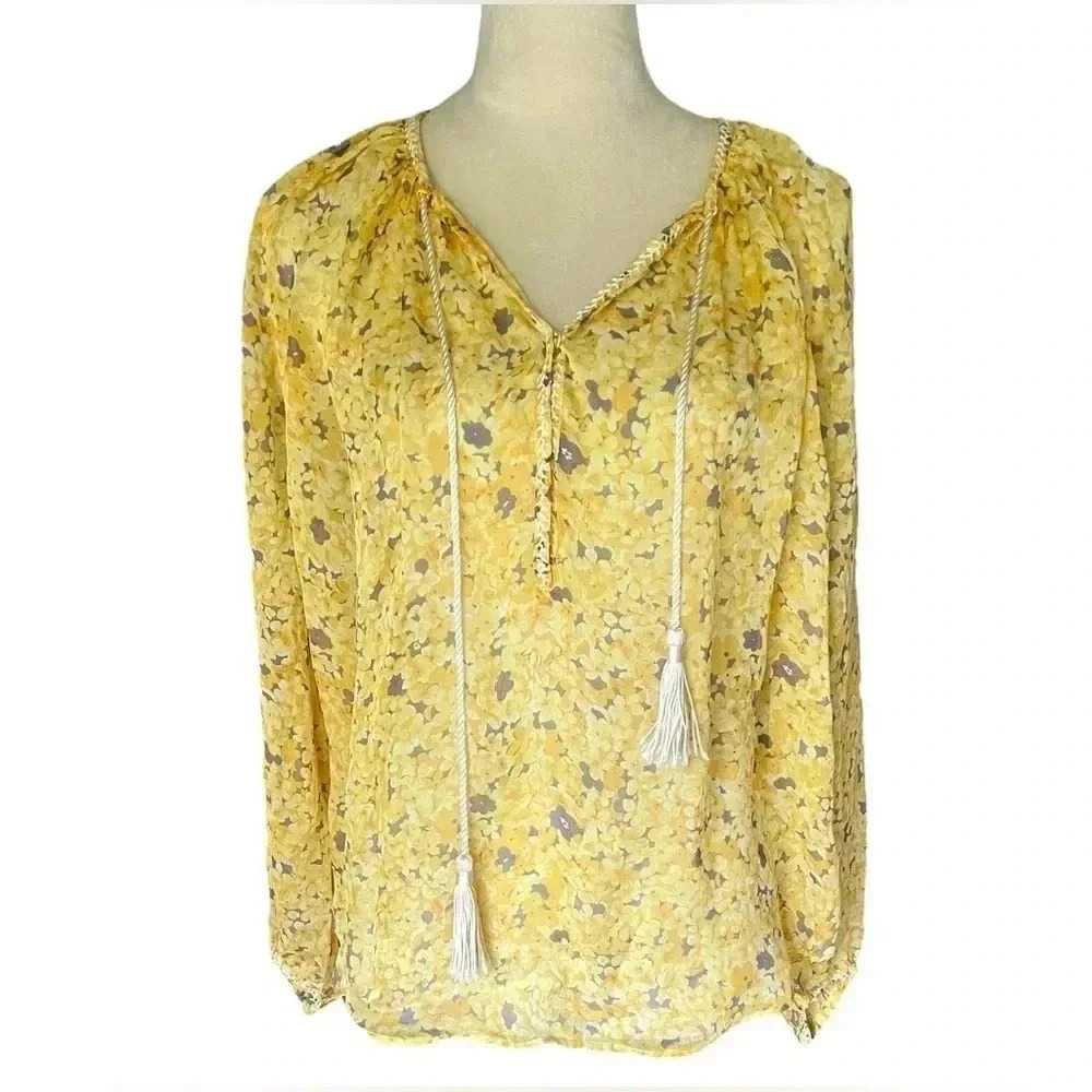 The Kooples Silk Floral Sunrise Boho Colorful Tassle Sheer‎ Top Blouse Women XS